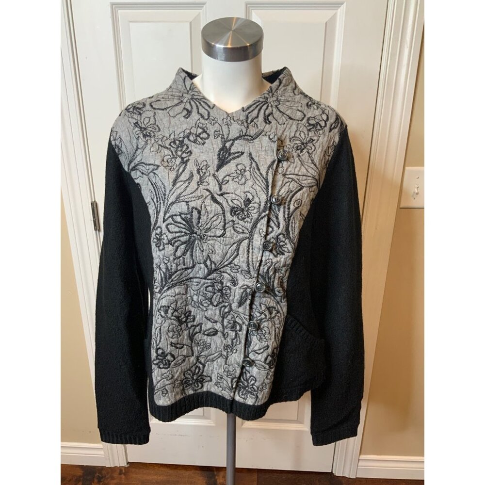 Knitted & Knotted Gray & Black Floral Embroidered Jacket W/ Boiled Wool, Size XL